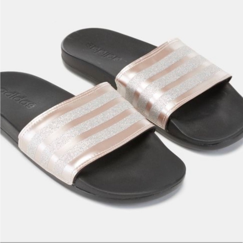 Adidas | Rose Gold Slides‎ Pink Black Soft Comfortable Slip On Vacation 10